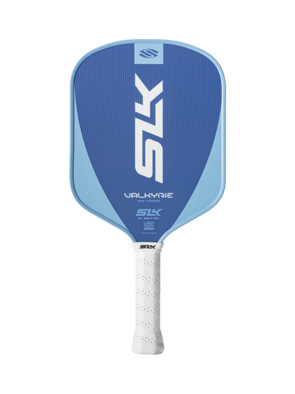 A front view of the Selkirk SLK Valkyrie Widebody 16mm Pickleball Paddle, featuring blue and light blue colors with a white perforated grip.