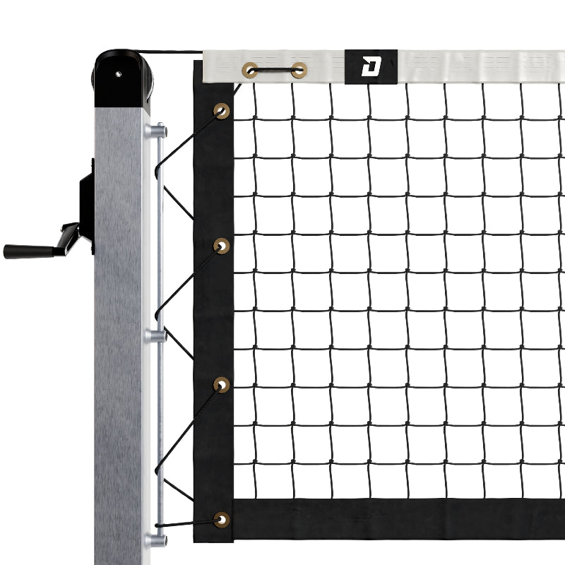 Close-up of the Dominator In-Ground Pickleball Posts & Nets System, featuring the net's structure and fastening system attached to a metal pole with a crank handle.