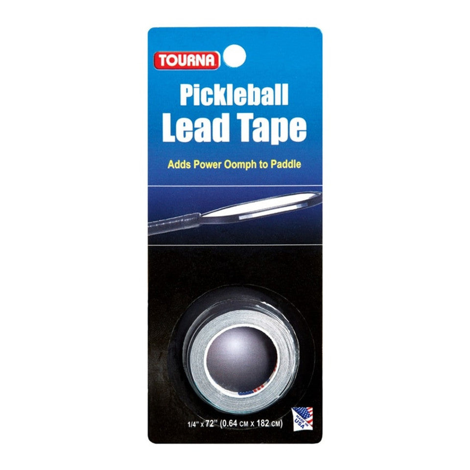 Package of Tourna Pickleball Lead Tape, 1/4 inch by 72 inches, described as adding power oomph to paddle, with a tool image in the background.