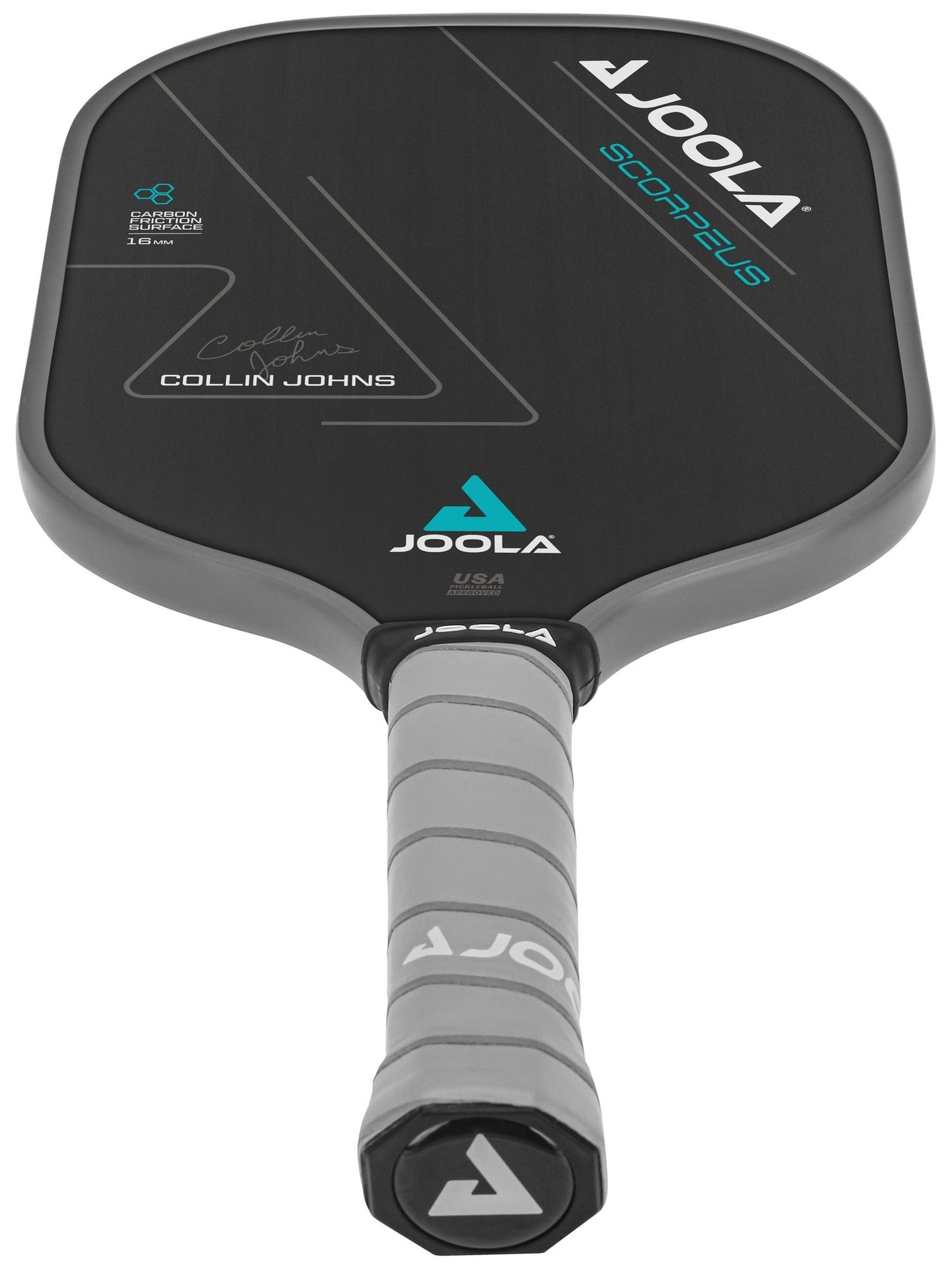 A JOOLA Collin Johns Scorpeus CFS 16mm Pickleball Paddle with black and grey handles available at a pickleball store.