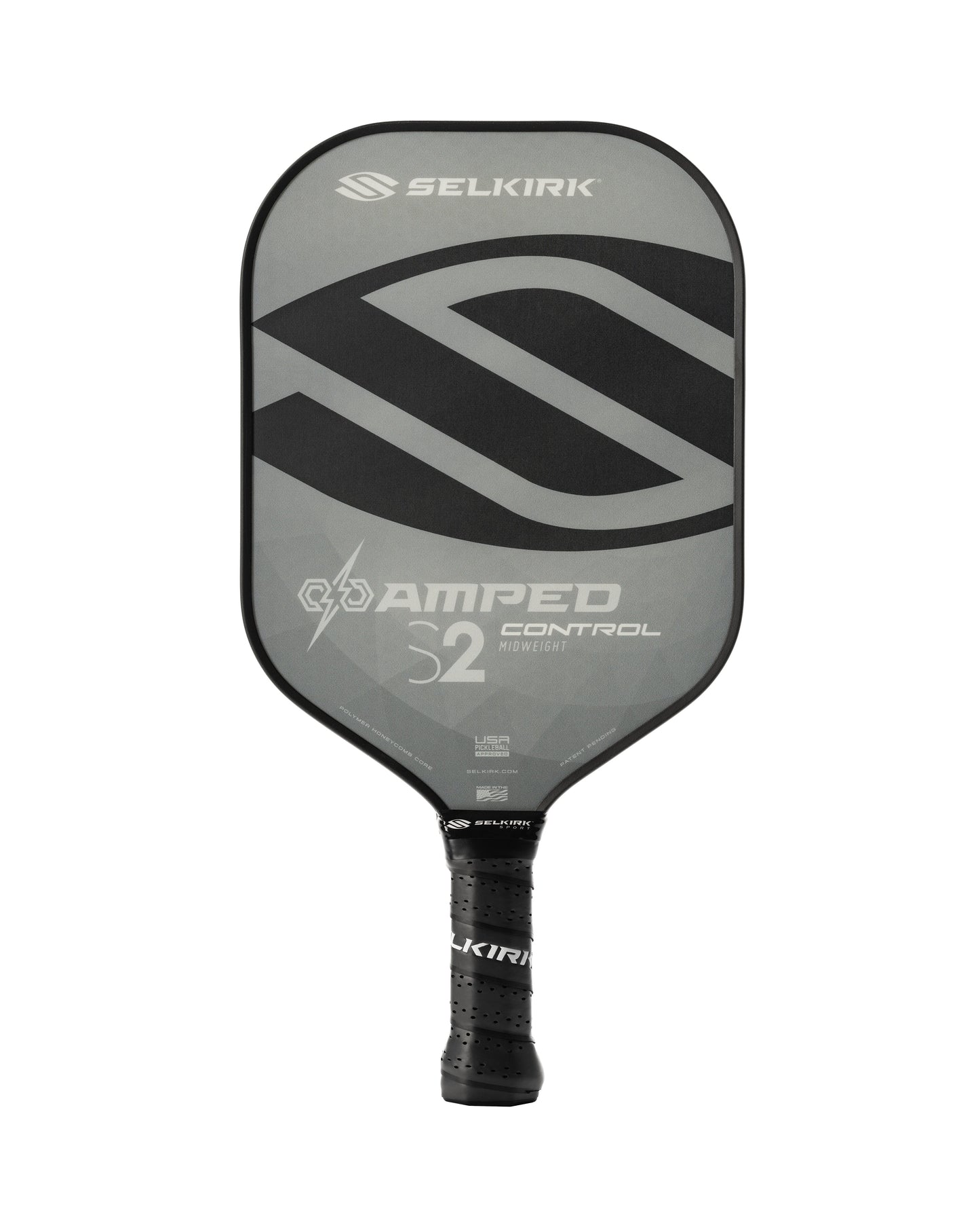 Selkirk AMPED Control S2 16mm Pickleball Paddle with a gray face, black handle, large stylized "S," and branding.