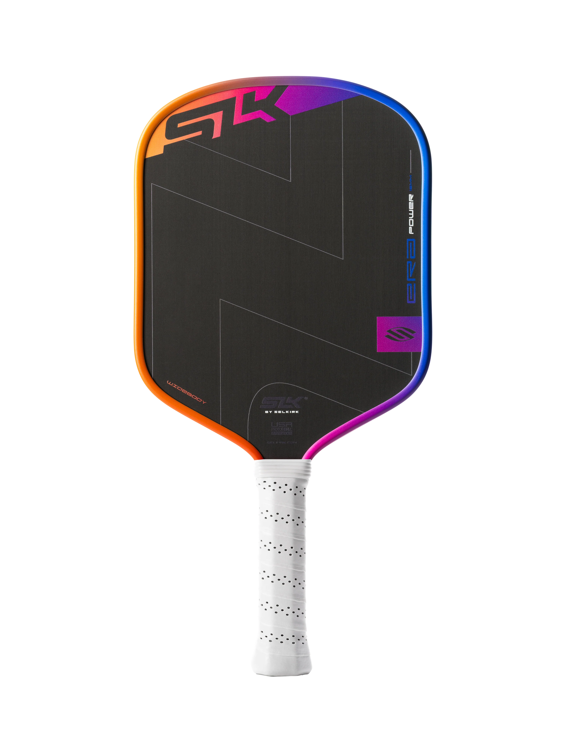 The Selkirk SLK ERA Power Widebody Carbon Fiber Pickleball Paddle by Selkirk features a black face, multicolored border, and a white perforated grip, displayed against a plain white background.