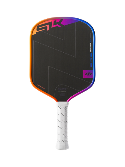 The Selkirk SLK ERA Power Widebody Carbon Fiber Pickleball Paddle by Selkirk features a black face, multicolored border, and a white perforated grip, displayed against a plain white background.