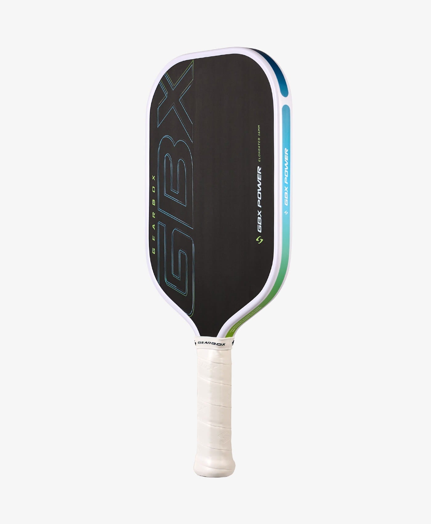 The Gearbox Sports GBX Power Elongated - 16mm Gen-3 Honeycomb paddle has a carbon fiber face, black and white design with blue and green accents, white grip, "GBX" branding, and is built for extended reach on the court.