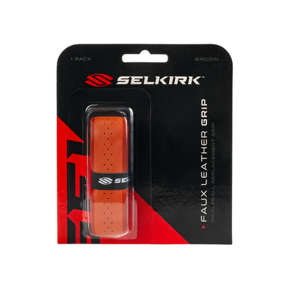 A packaged Selkirk Faux Leather Pickleball Grip, brown, one pack.