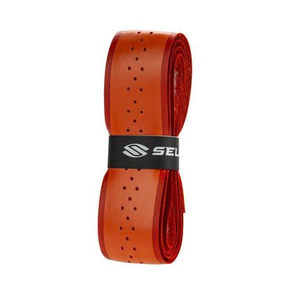 A Selkirk Faux Leather Pickleball Grip for a sports handle, secured by a black band with a white logo.