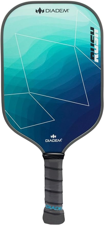 Close-up of the Diadem Rush Pickleball Paddle featuring a geometric design in blue and green with "WISH" printed on the side.