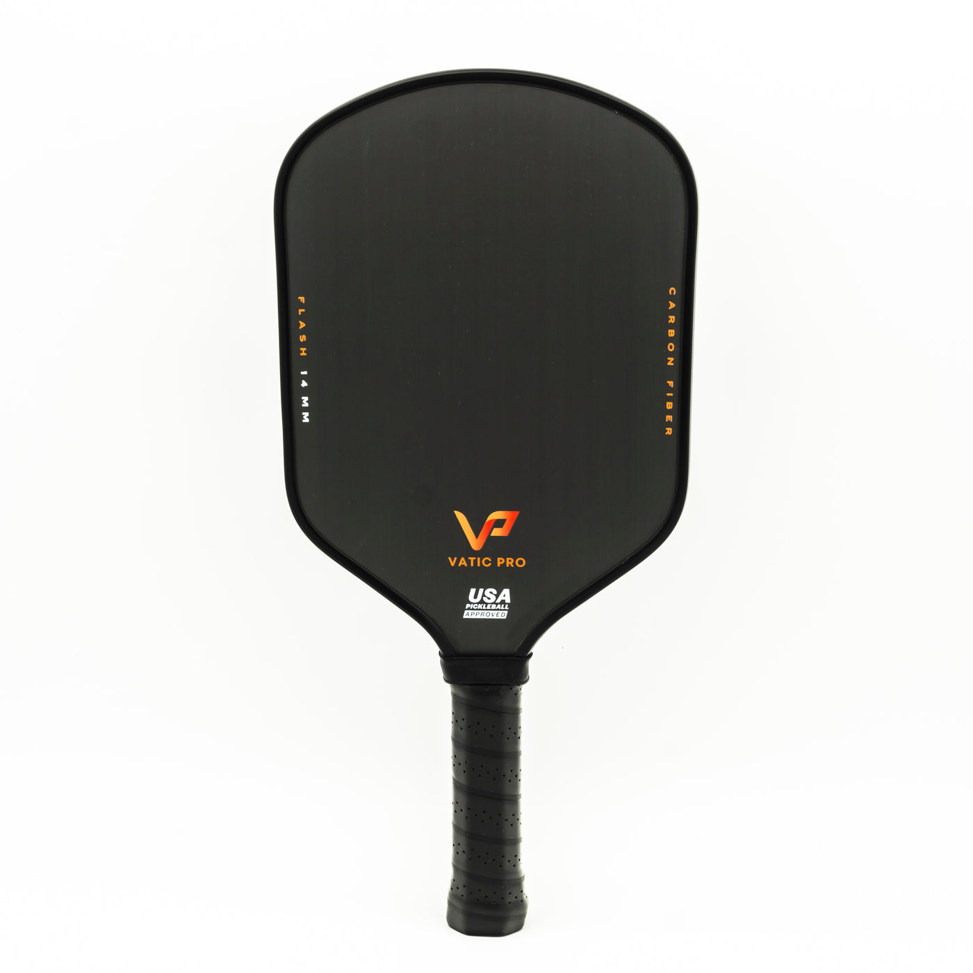 A black and orange Vatic Flash 14mm paddle on a white background.