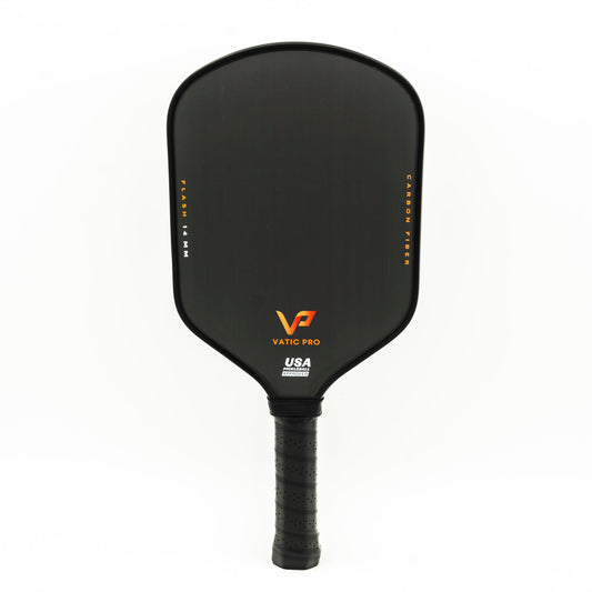 Replacement: Black Pickleballist Vatic Flash 14mm paddle with orange logo, isolated on a white background.