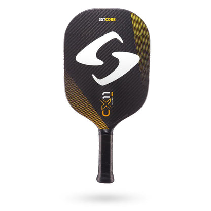 A Gearbox pickleball paddle with a black and yellow design, labeled "Gearbox CX11 Quad Pickleball Paddle," featuring an SST ribbed core for enhanced stability and a larger sweet spot.