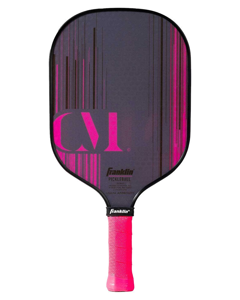 A Pickleballist Franklin Christine McGrath Signature Pickleball Paddle in black with pink accents and logo, designed for advanced play.