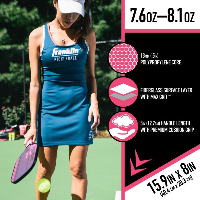 A woman in a blue sports dress playing pickleball, holding a Franklin Christine McGrath Signature Pickleball Paddle, with information about pickleball paddle specifications overlaying the image.