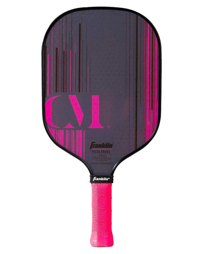 A Pickleballist Christine McGrath Signature Pickleball Paddle in black and pink featuring a large pink "cv" logo on the face and a textured grip handle.