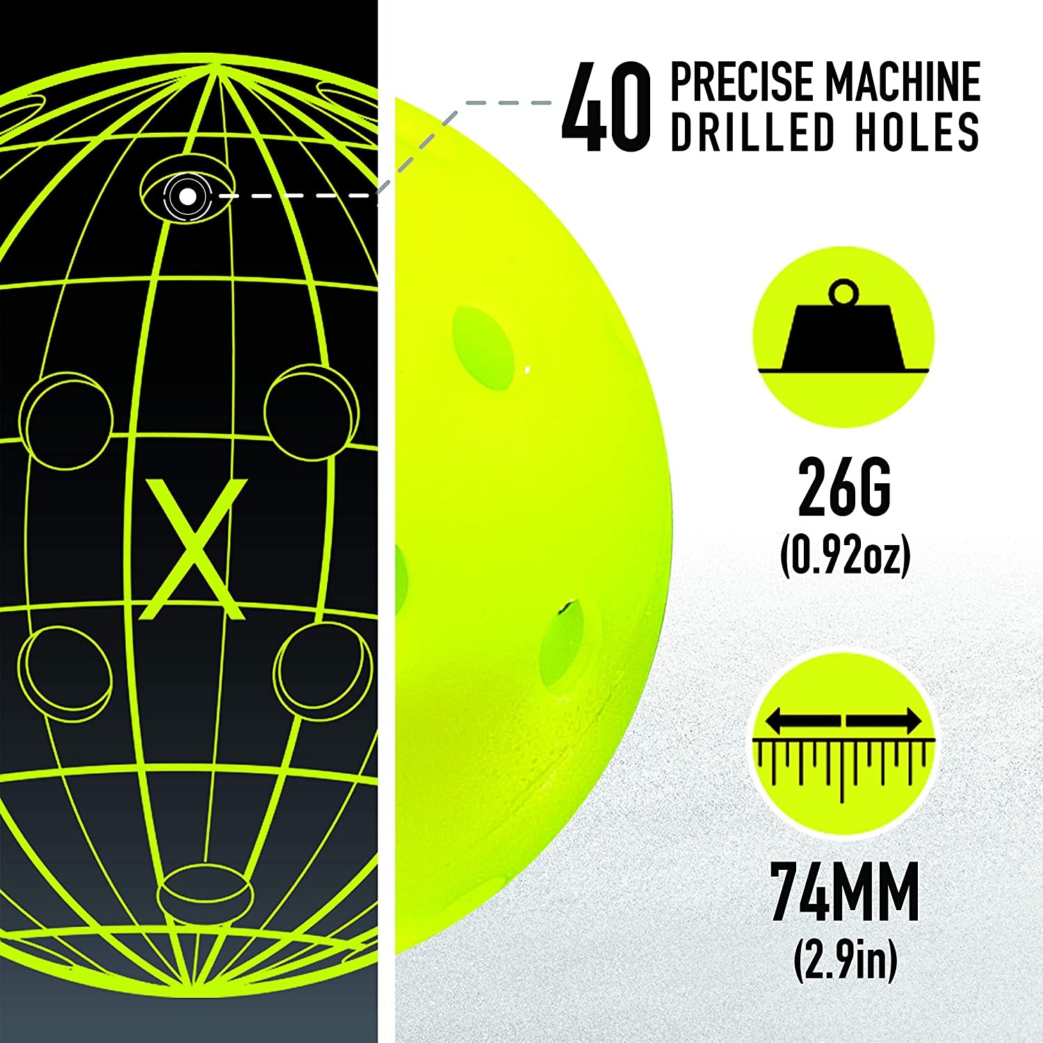 Graphic illustrating a yellow outdoor Franklin X-40 Pickleball Ball with 40 precisely machine-drilled holes, alongside a scale showing its weight (26g) and diameter (74mm).