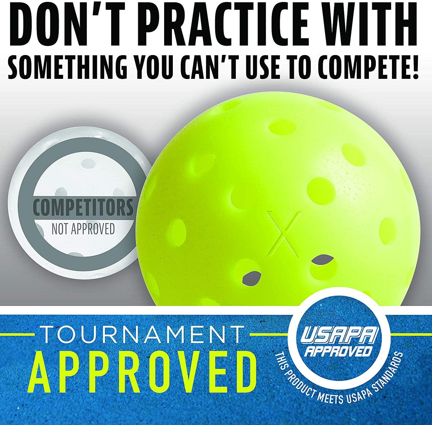 Promotional image for a yellow Franklin X-40 Outdoor Pickleball Balls, emphasizing "USAPA approved" for tournament use with text "Don't practice with something you can't use to compete!