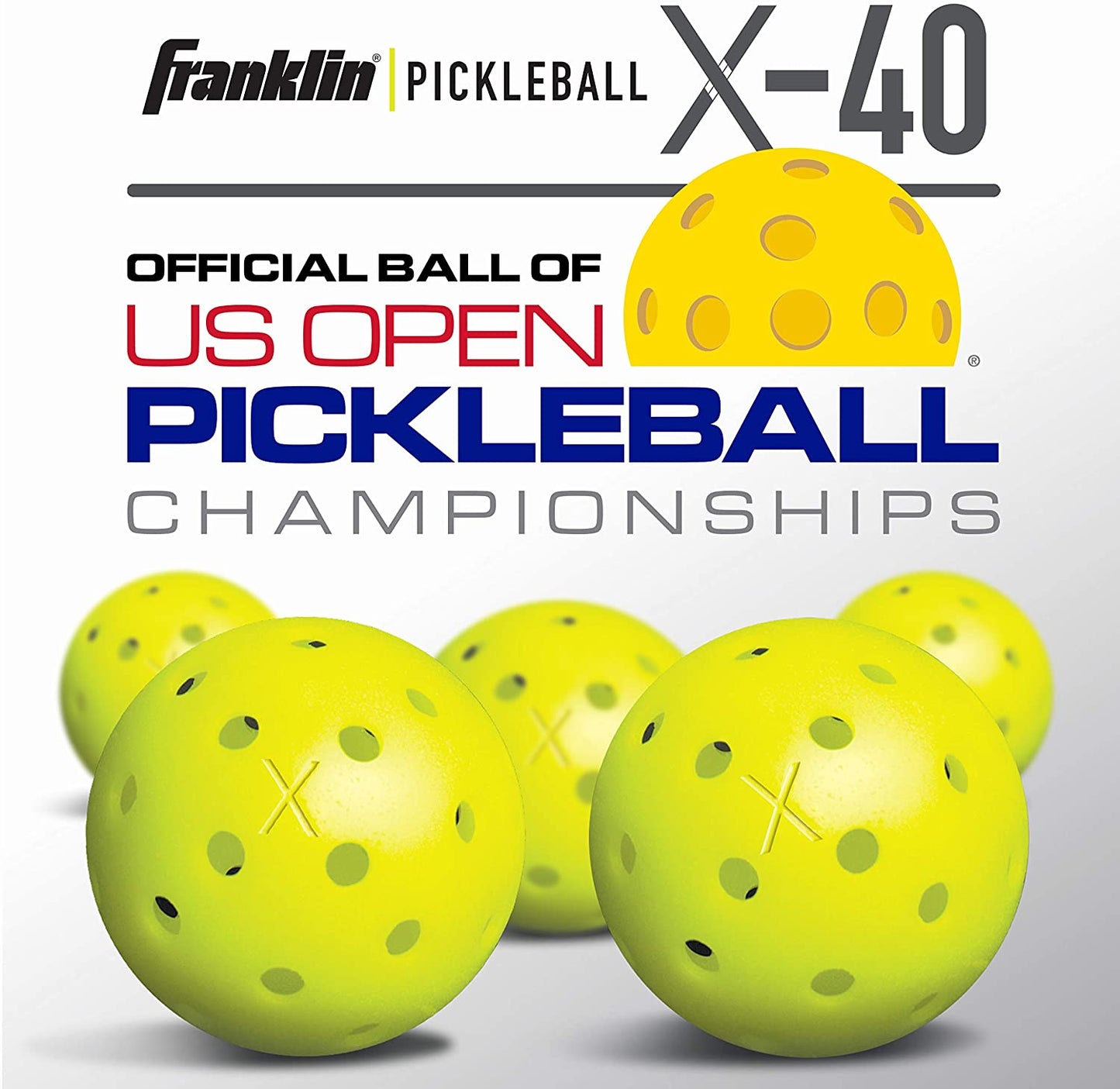 Image of several yellow Pickleballist Franklin X-40 Outdoor Pickleball Balls with machine-drilled holes and text "official ball of US Open Pickleball Championships" above.