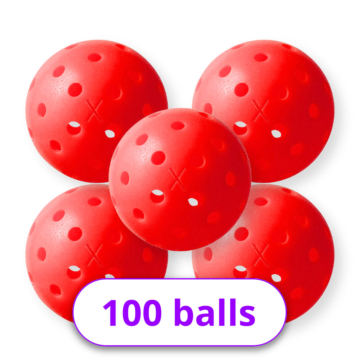 Five red Franklin X-40 Outdoor Pickleball Balls, machine-drilled for outdoor pickleball, with a label reading "100 balls" on a white background.