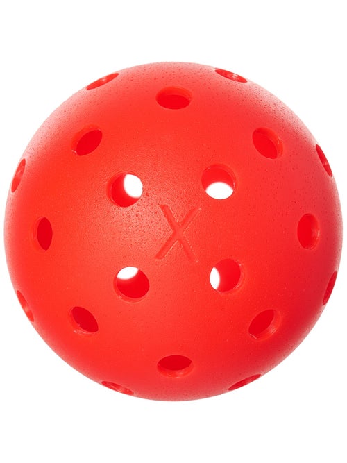 Red Franklin X-40 Outdoor Pickleball Balls with multiple machine drilled holes, isolated on a white background.