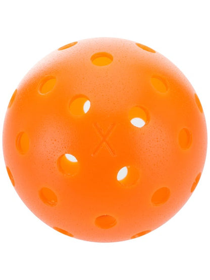 Orange Franklin X-40 Outdoor Pickleball Balls with circular, machine drilled holes and a white "x" mark, isolated on a white background.