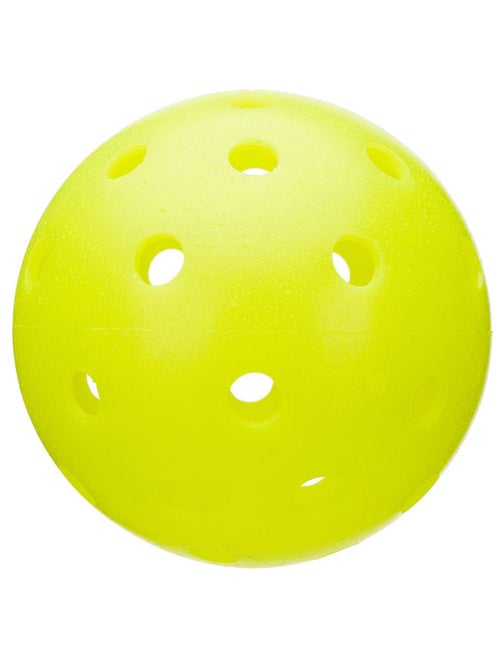 Bright yellow Franklin X-40 Outdoor Pickleball Balls with multiple machine drilled holes, isolated on a white background.