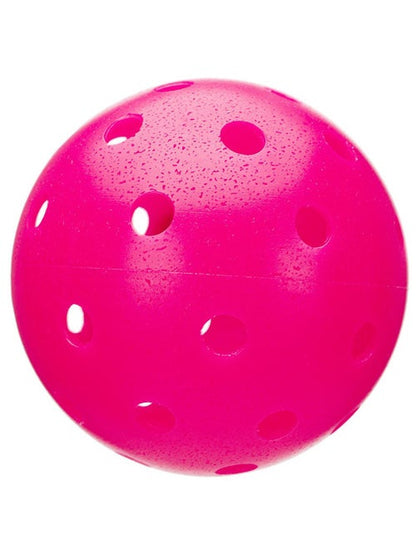 Bright pink Franklin X-40 Outdoor Pickleball Balls with multiple machine drilled circular perforations isolated on a white background by Pickleballist.