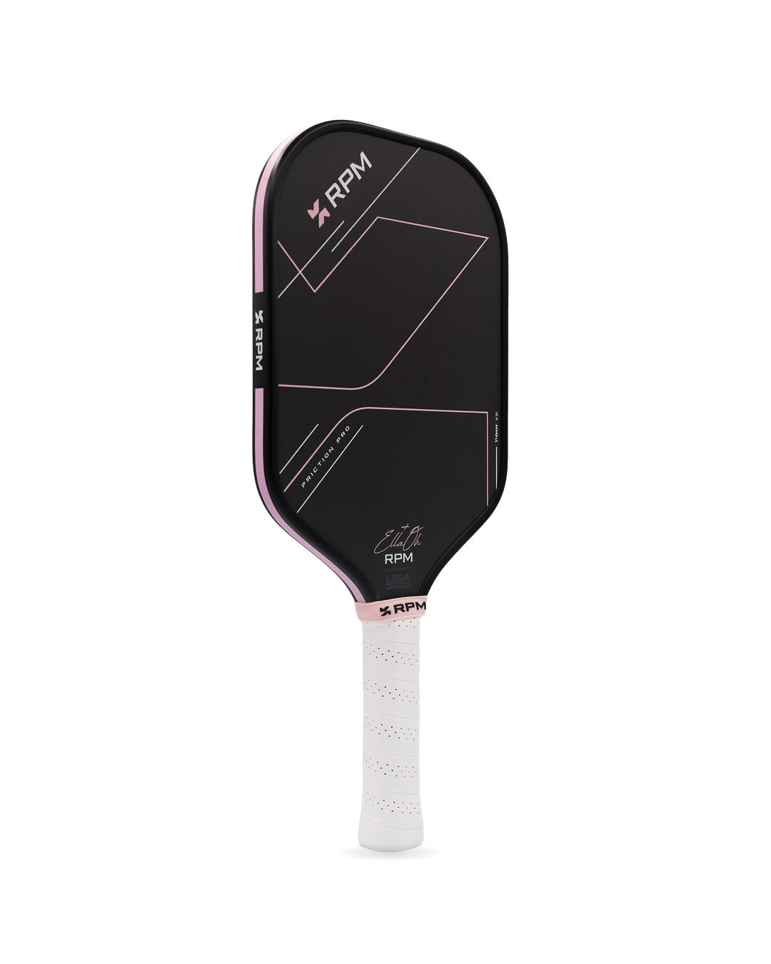 RPM Friction Pro V2 Elongated 14mm Pickleball Paddle Ella Oh Pink angled view