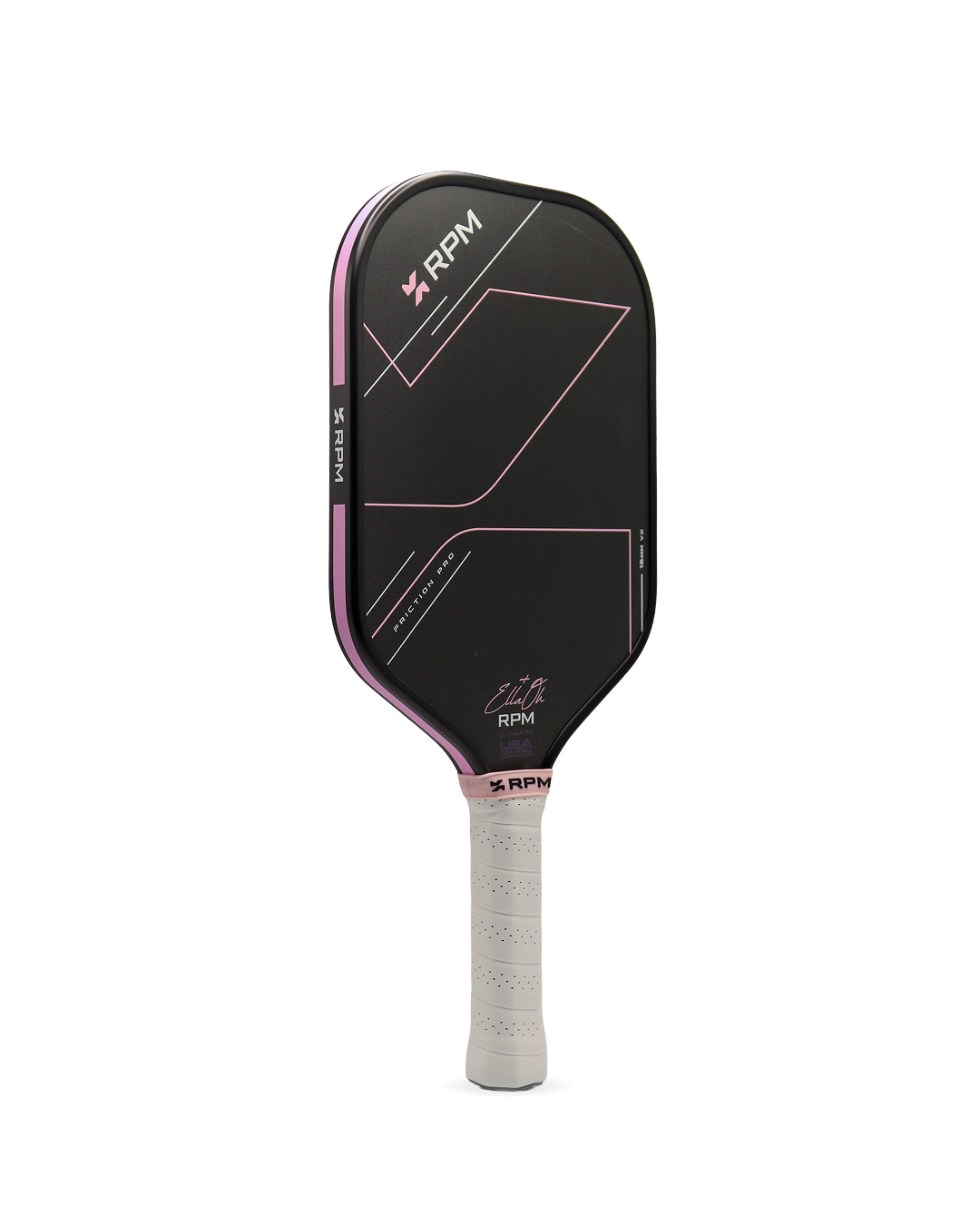RPM Friction Pro V2 Elongated 16mm Pickleball Paddle Ella Oh Pink angled view