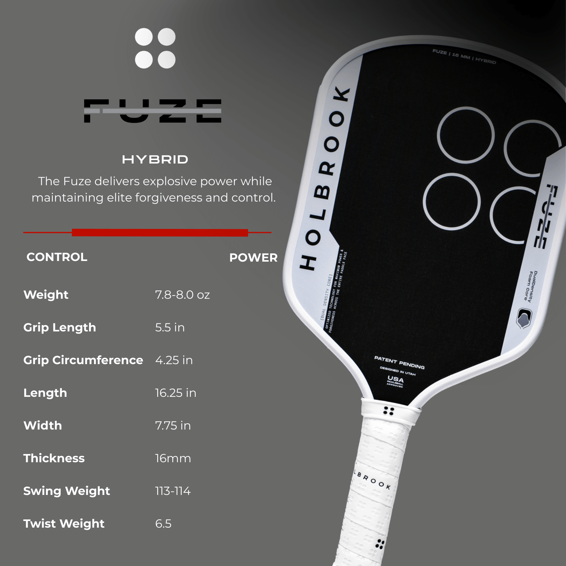 The Holbrook Fuze Hybrid 16mm Pickleball Paddle by Holbrook, featuring a Carbon-Aramid-Carbon face, is shown in black and white next to its control and power specs, such as weight, grip length, and swing weight.
