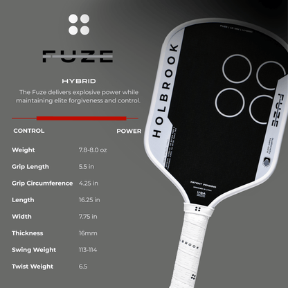 The Holbrook Fuze Hybrid 16mm Pickleball Paddle by Holbrook, featuring a Carbon-Aramid-Carbon face, is shown in black and white next to its control and power specs, such as weight, grip length, and swing weight.