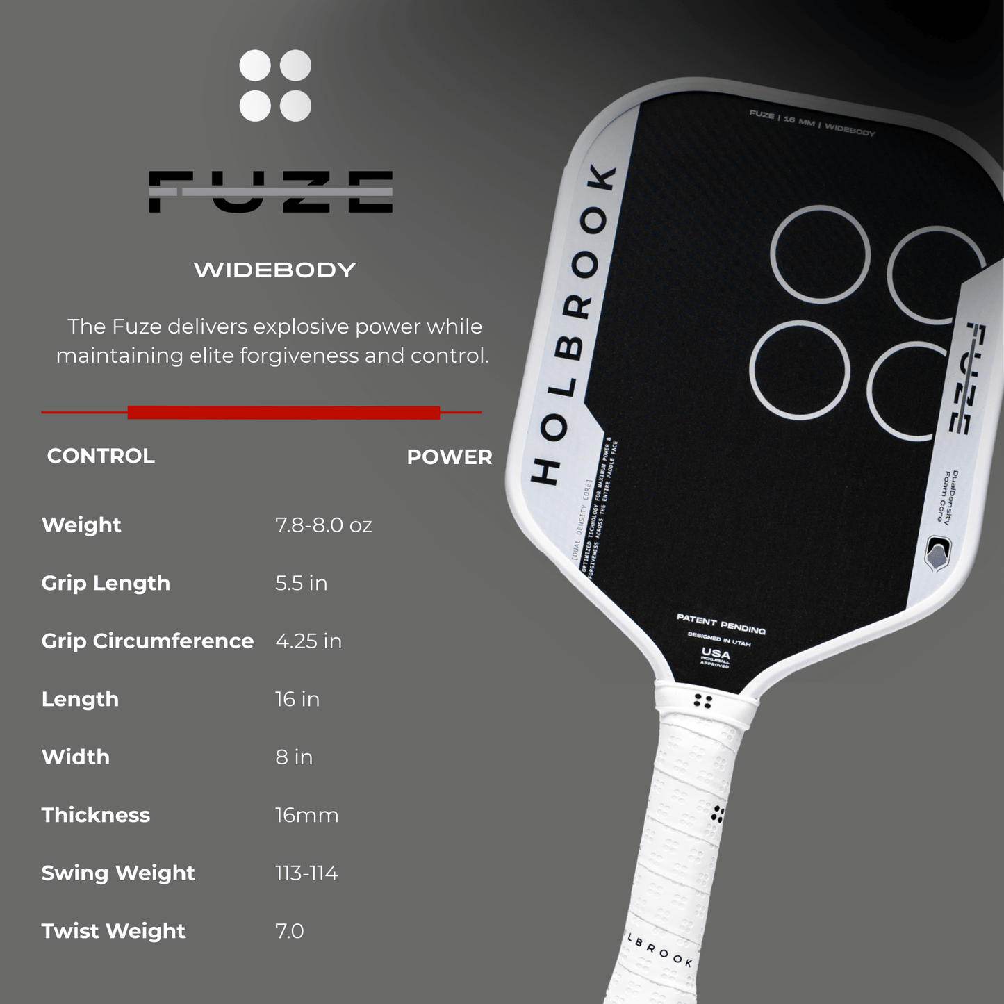 The Holbrook Fuze Widebody 16mm Pickleball Paddle by Holbrook is shown, highlighting its Carbon-Aramid-Carbon face and key specs including weight, grip length, width, thickness, swing weight, and power/control ratings.