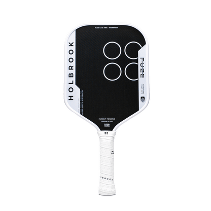 The Holbrook Fuze Widebody 16mm Pickleball Paddle features a black and white design with a white handle, geometric circles, a Carbon-Aramid-Carbon face, and Dual Density Foam Core for enhanced performance.