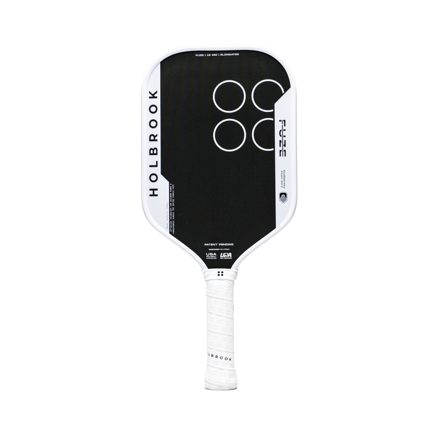 The Holbrook Fuze Elongated 14mm Pickleball Paddle features a black and white design with four white circles, "HOLBROOK" vertically on the left, and a unibody carbon fiber build for superior durability and performance.