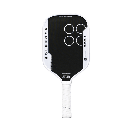 The Holbrook Fuze Elongated 14mm Pickleball Paddle features a black and white design with four white circles, "HOLBROOK" vertically on the left, and a unibody carbon fiber build for superior durability and performance.