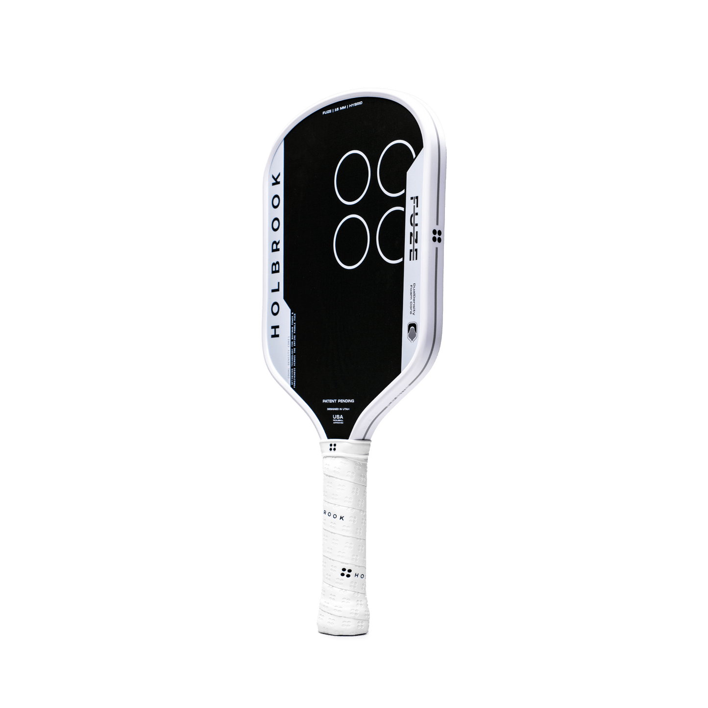 The Holbrook Fuze Hybrid 16mm Pickleball Paddle by Holbrook features a black and white Carbon-Aramid-Carbon face with four white circles on the front and a white grip, displayed against a plain light background.