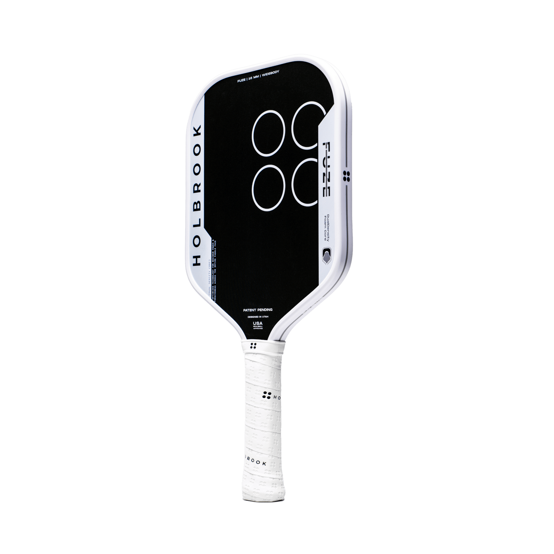 The Holbrook Fuze Widebody 16mm Pickleball Paddle features a Carbon-Aramid-Carbon black face with four white circles and a white handle, shown against a plain light background.
