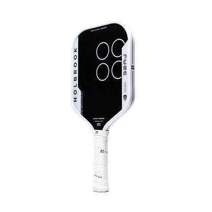 The Holbrook Fuze Widebody 16mm Pickleball Paddle features a Carbon-Aramid-Carbon black face with four white circles and a white handle, shown against a plain light background.