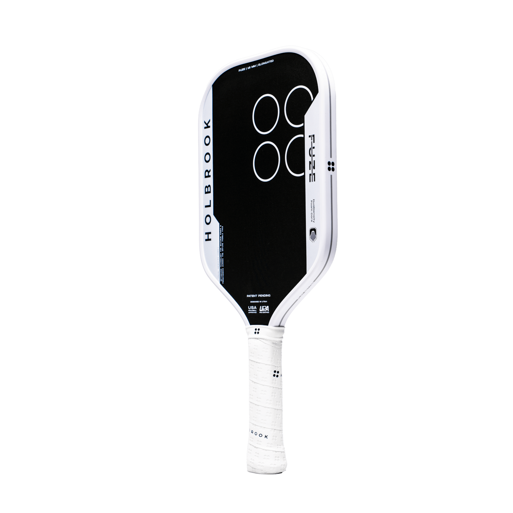 The Holbrook Fuze Elongated 16mm Pickleball Paddle features a black Carbon-Aramid-Carbon face, white edge, four white circles, and a white wrapped handle, shown on a plain white background.