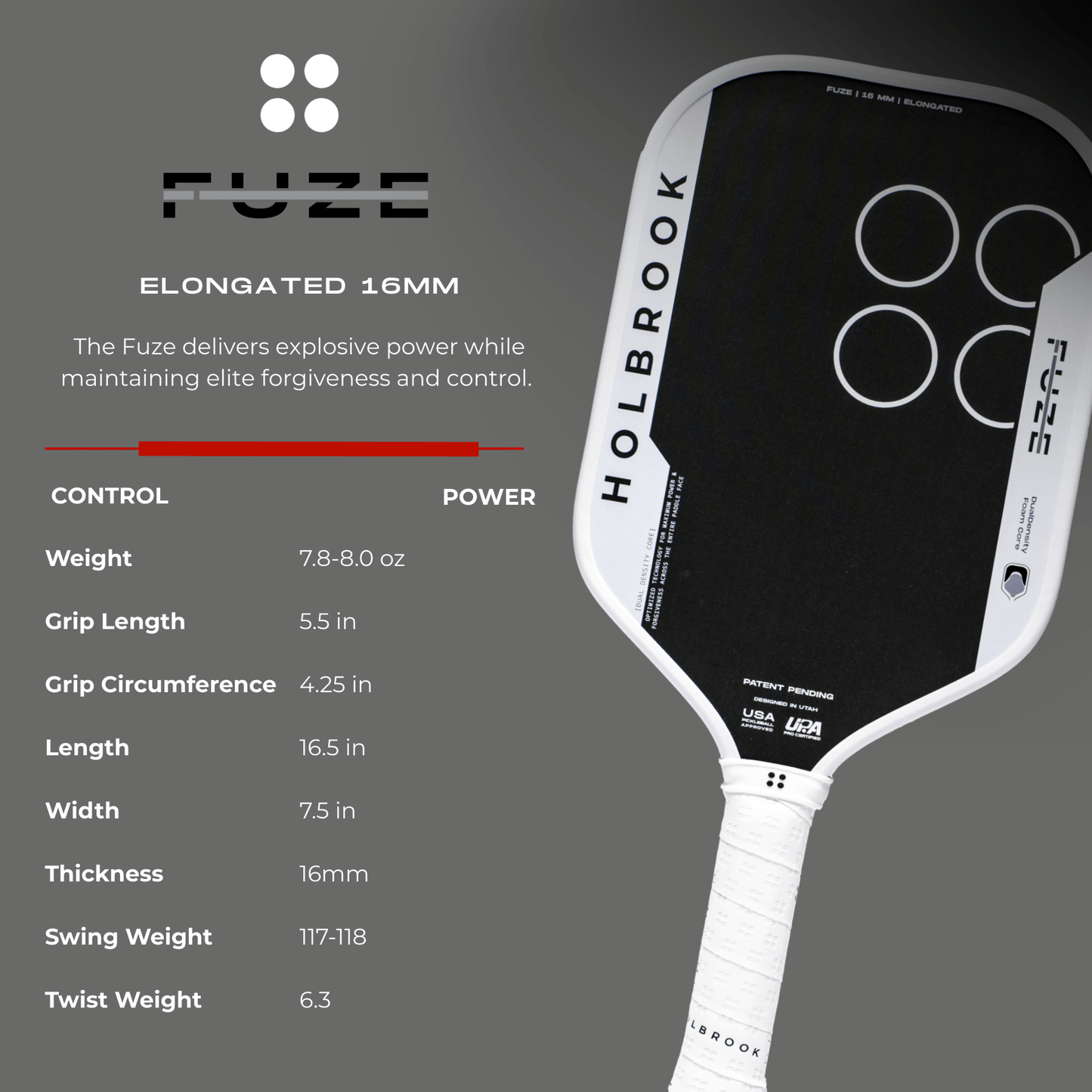 The Holbrook Fuze Elongated 16mm Pickleball Paddle, in black and white with unibody carbon fiber, Carbon-Aramid-Carbon face, and Dual Density Foam Core, is displayed with specs listed on a gray background.