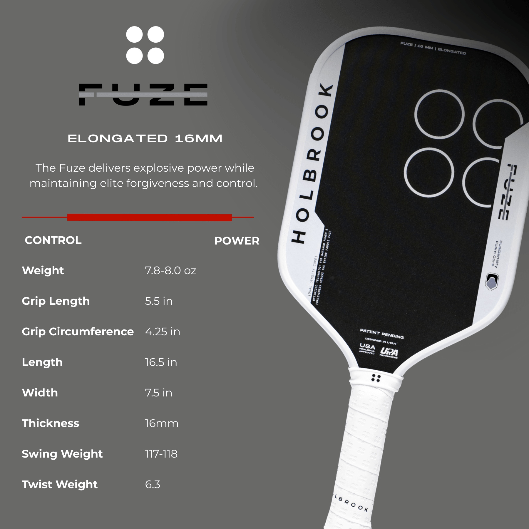 The Holbrook Fuze Elongated 16mm Pickleball Paddle, in black and white with unibody carbon fiber, Carbon-Aramid-Carbon face, and Dual Density Foam Core, is displayed with specs listed on a gray background.