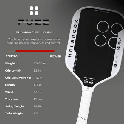The Holbrook Fuze Elongated 16mm Pickleball Paddle, in black and white with unibody carbon fiber, Carbon-Aramid-Carbon face, and Dual Density Foam Core, is displayed with specs listed on a gray background.