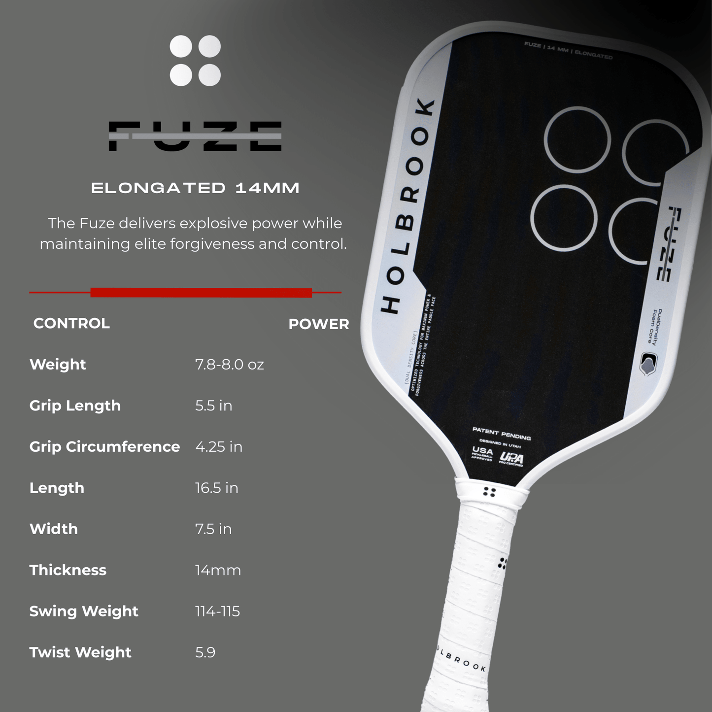 The Holbrook Fuze Elongated 14mm Pickleball Paddle by Holbrook is shown on a gray background, highlighting its unibody carbon fiber construction, weight, grip length, thickness, swing weight, and twist weight.