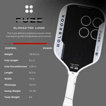 The Holbrook Fuze Elongated 14mm Pickleball Paddle by Holbrook is shown on a gray background, highlighting its unibody carbon fiber construction, weight, grip length, thickness, swing weight, and twist weight.