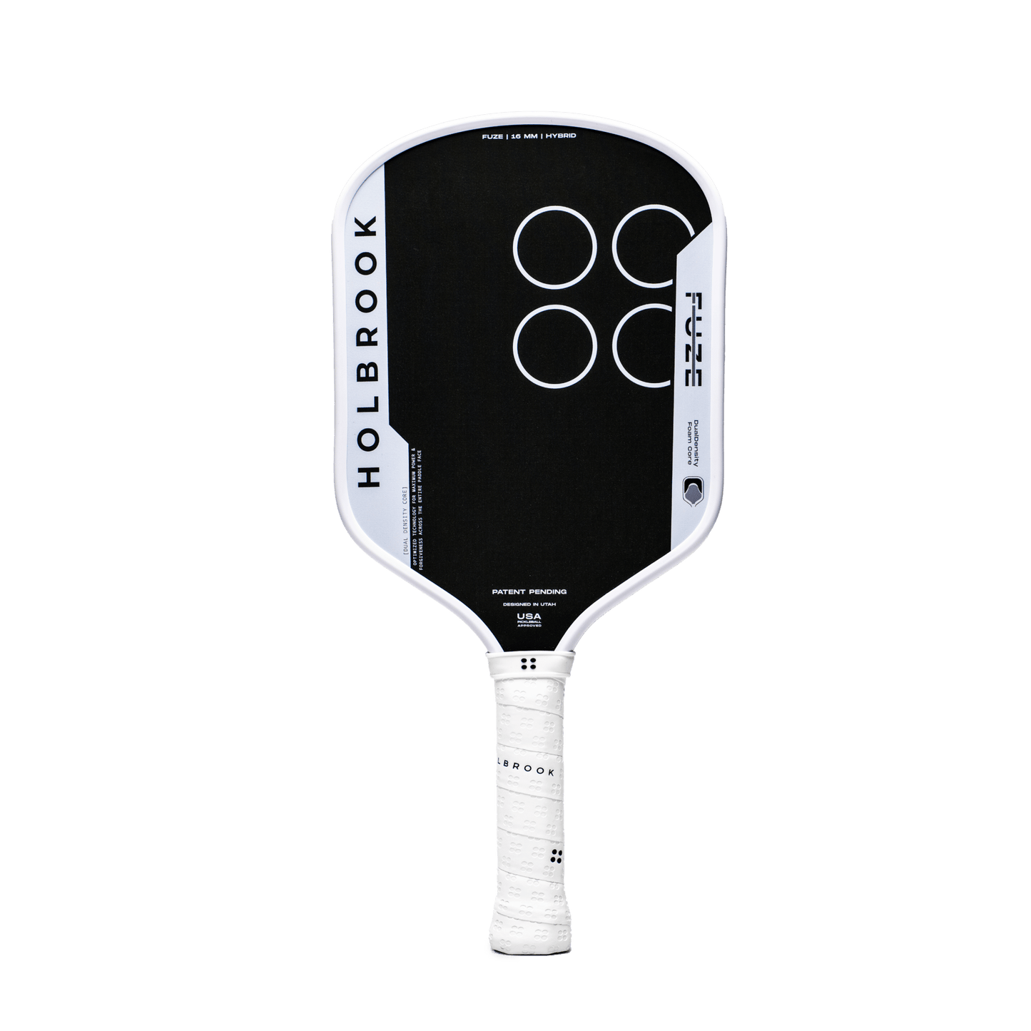 The Holbrook Fuze Hybrid 16mm Pickleball Paddle features a black and white design, white grip, four white circles on the face, unibody carbon fiber construction, and Holbrook branding along the sides.