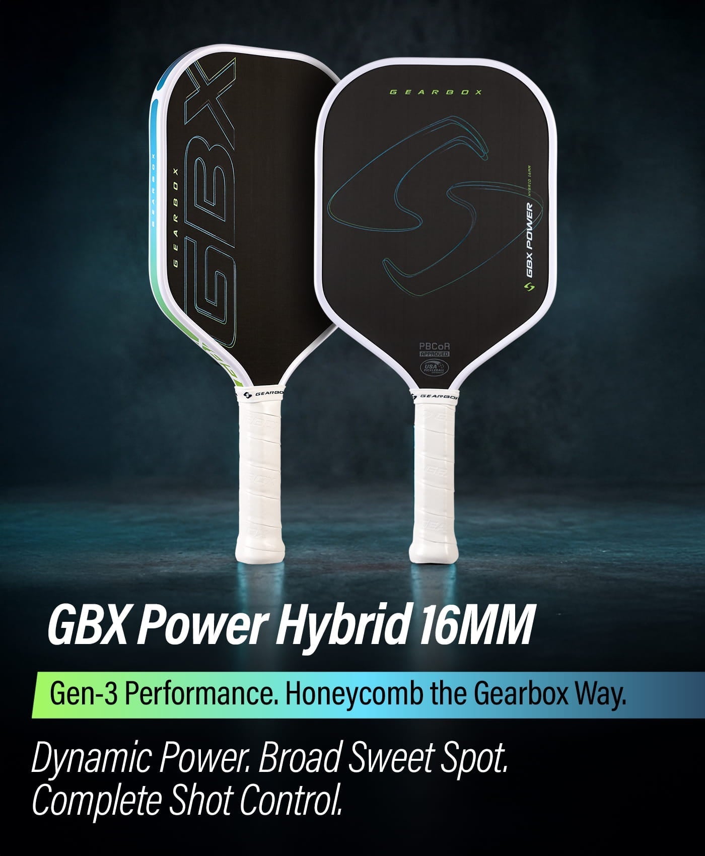 Two Gearbox Sports GBX Power Hybrid - 16mm Gen-3 Honeycomb pickleball paddles stand upright on a dark background, with text showcasing their advanced Gen-3 performance and unique honeycomb core design.