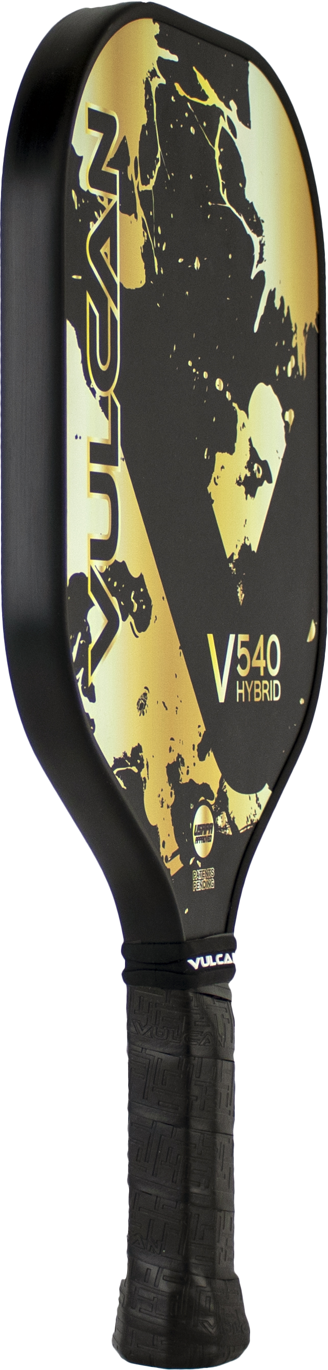 A Pickleballist Vulcan V540 hybrid pickleball paddle in black and yellow splatter with a graphic design featuring a face silhouette.