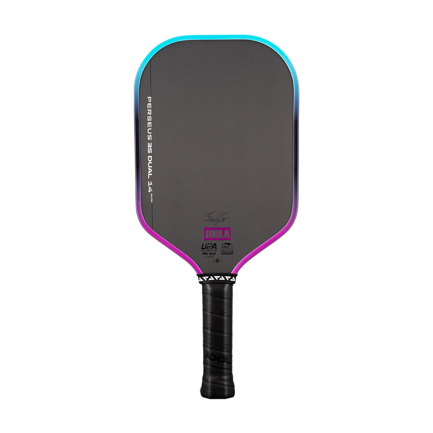 The JOOLA Perseus 3S Dual 14mm Pickleball Paddle, in black and purple, features a textured Charged Carbon surface and wrapped grip, displayed against a white background.