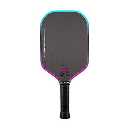 The JOOLA Perseus 3S Dual 14mm Pickleball Paddle, in black and purple, features a textured Charged Carbon surface and wrapped grip, displayed against a white background.