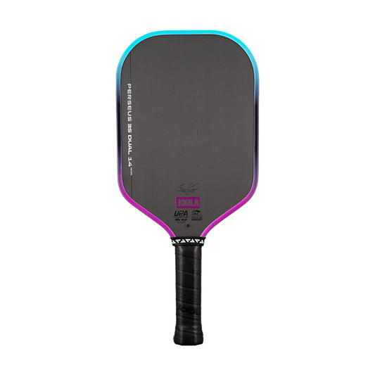 The JOOLA Perseus 3S Dual 14mm Pickleball Paddle, in black and purple, features a textured Charged Carbon surface and wrapped grip, displayed against a white background.