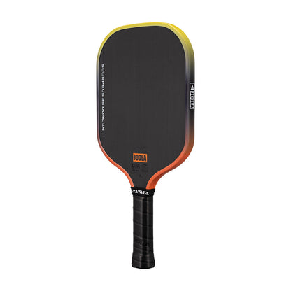 The Pickleballist JOOLA Scorpeus 3S Dual 14mm Pickleball Paddle features a black design with orange/yellow gradient edge, Carbon Friction Surface for spin, textured grip handle, and is shown against a white background.