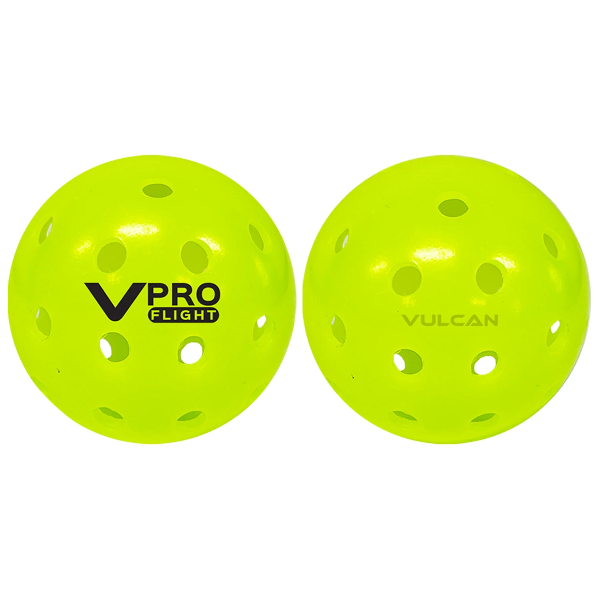 Two bright yellow pickleballs with holes, one labeled "Vulcan VPRO FLIGHT Outdoor PPA Tour Pro Pickleball Balls" and the other labeled "Vulcan.